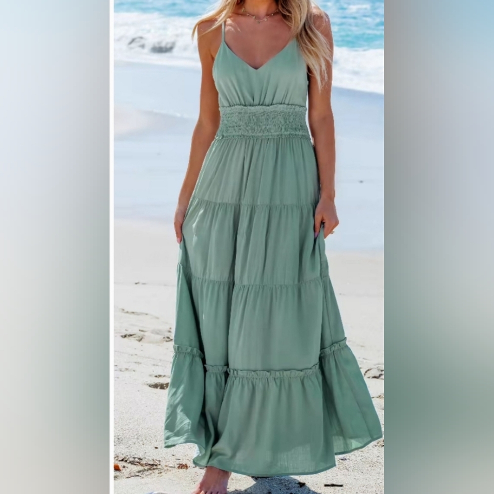 Cupshe Sage Sleeveless Smocked Waist Ruffled Hem Maxi Dress Small